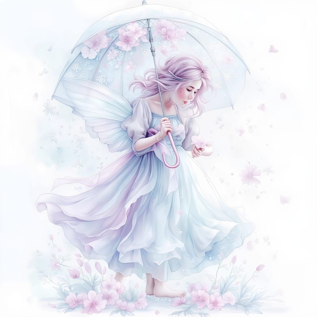 Delicate Snow Fairy Holding Lilac Snowflake Umbrella in Past...