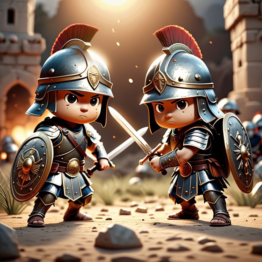 Chibi Roman Soldiers Battle with Swords and Shields