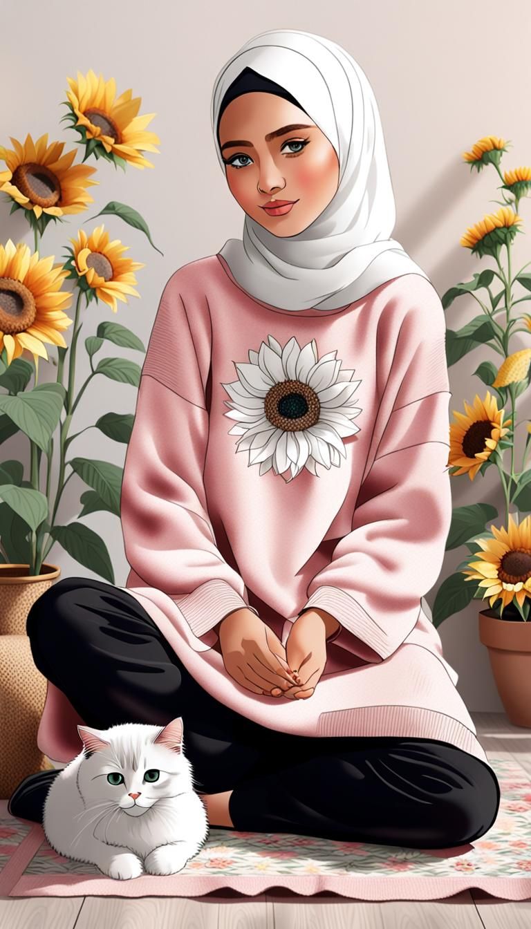Beautiful Muslim Woman with Cat and Sunflowers