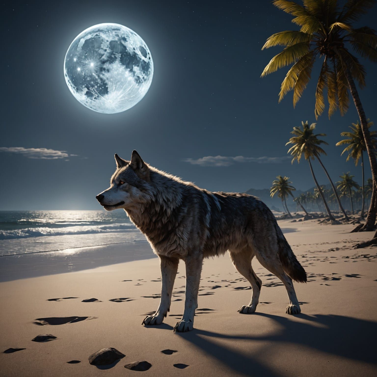 Wolf Howling at Moonlit Beach: 3D Game Cinematic