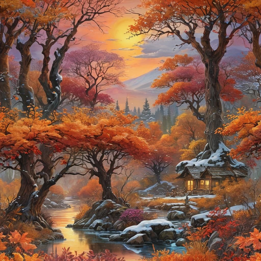 Autumn to Winter Landscape in Watercolor Style