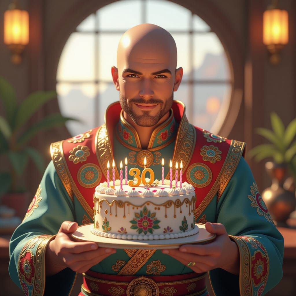 Bald Man with Birthday Cake in 3D Anime Style