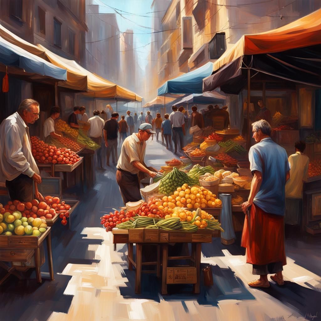 Hyperrealistic Street Market in Splash Art Style