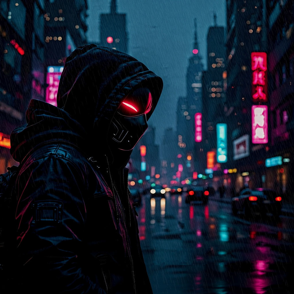 Cyberpunk Masked Man in Neon Cityscape