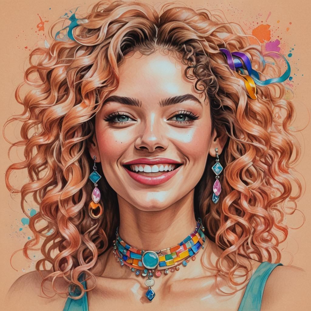 Playful Woman Portrait in Color Pencil Sketch