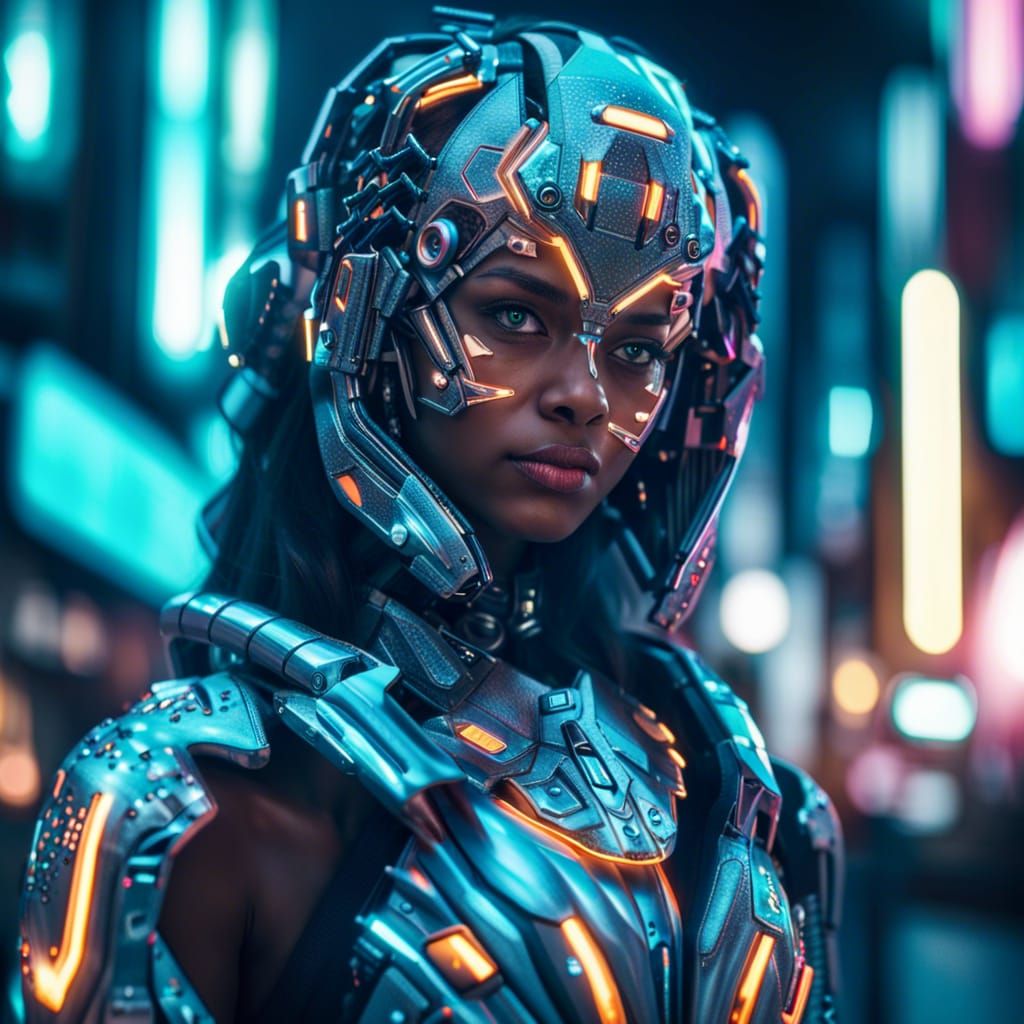 Cyborg Girl in Neon City at Night