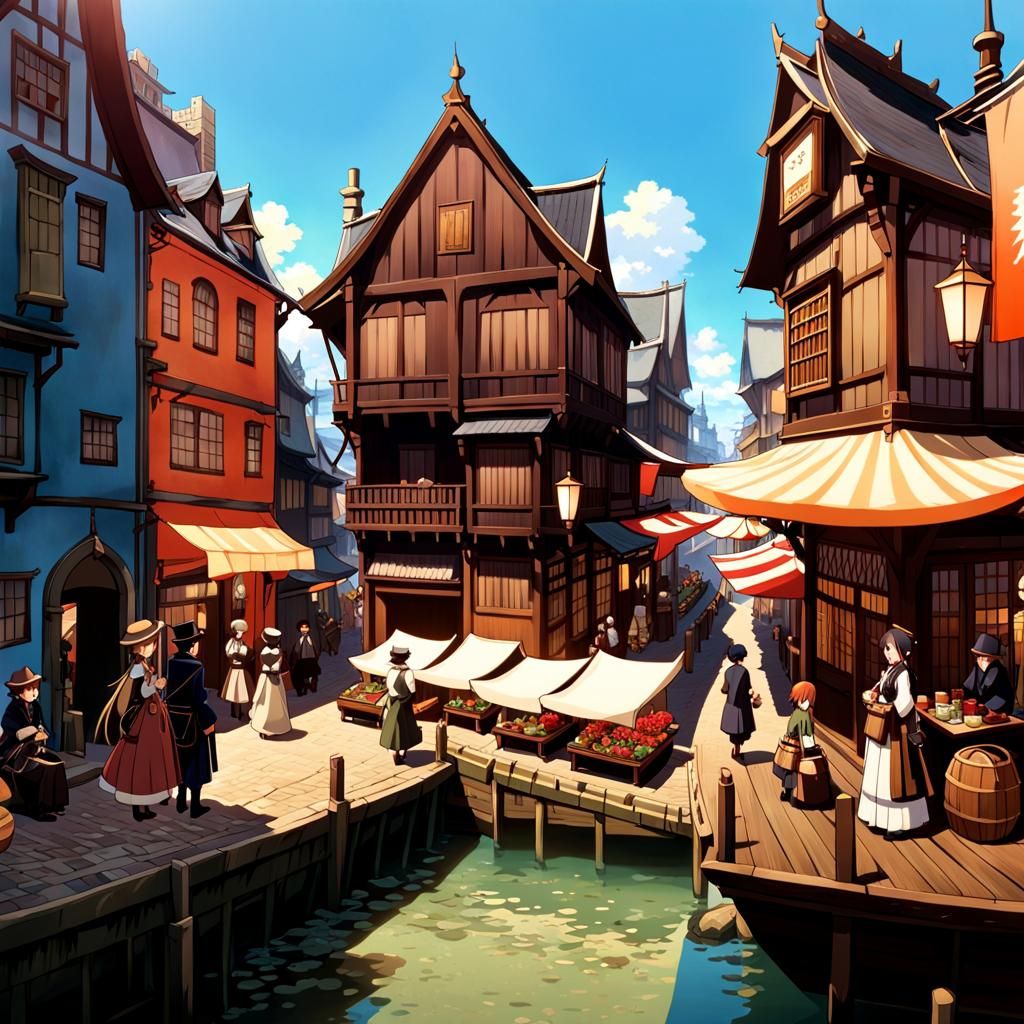 Vibrant 1880s Gothic Town in Anime Style