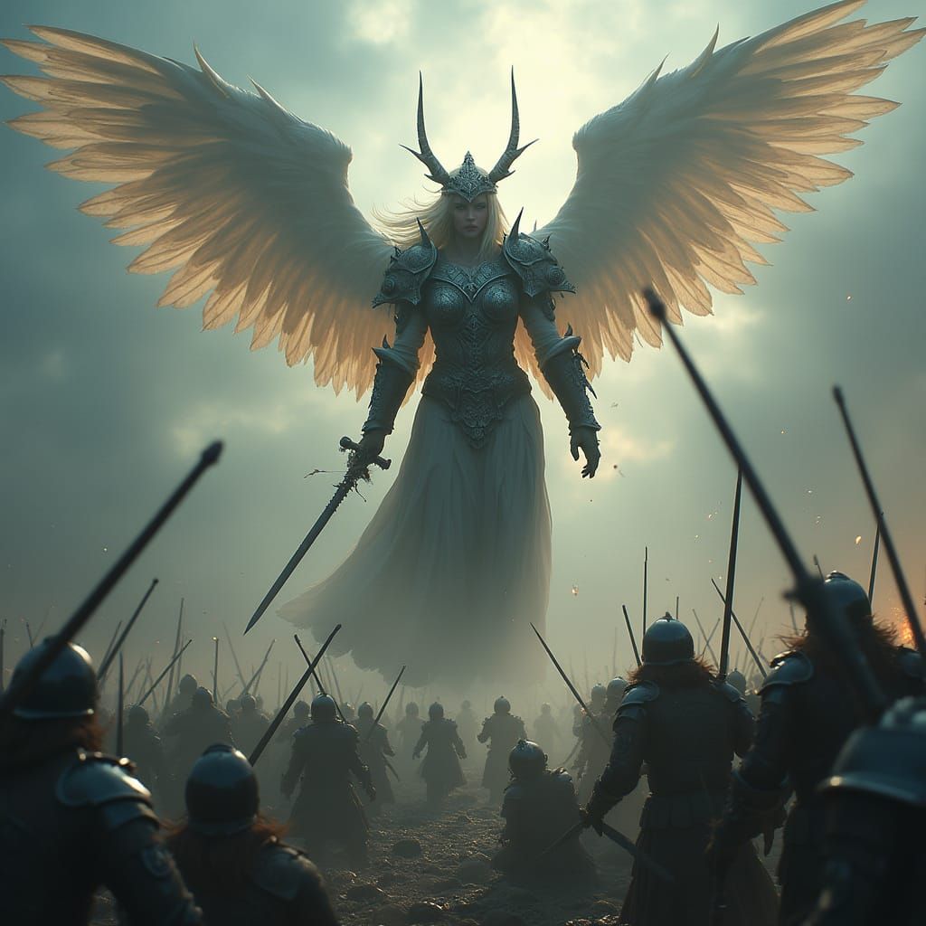 Nordthra Valkyrie Soaring Above Battlefield in Digital Paint...