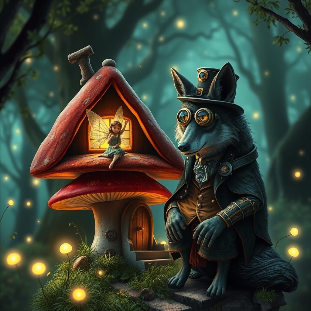 Fairy Mushroom House with Steampunk Wolf in Bioluminescent F...