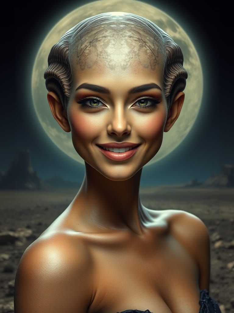 Surreal Alien Portrait in Cyberpunk Lunar Landscape