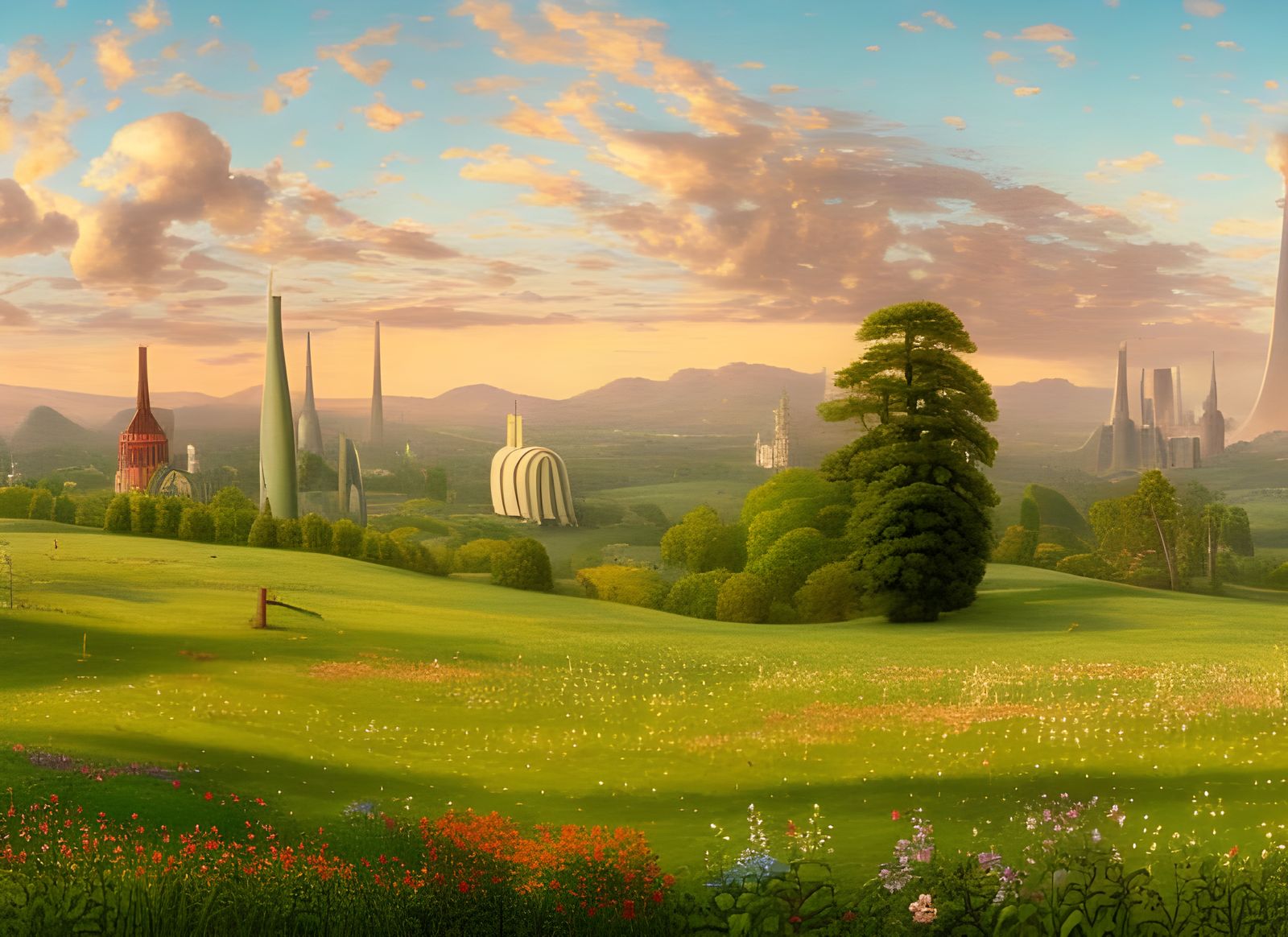 Decopunk Towers in a Surrealist Meadow Landscape