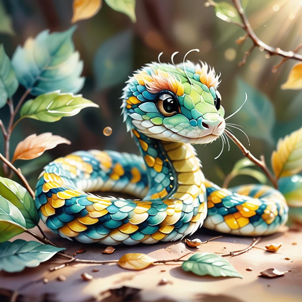 Adorable Furry Baby Snake in Watercolor Style