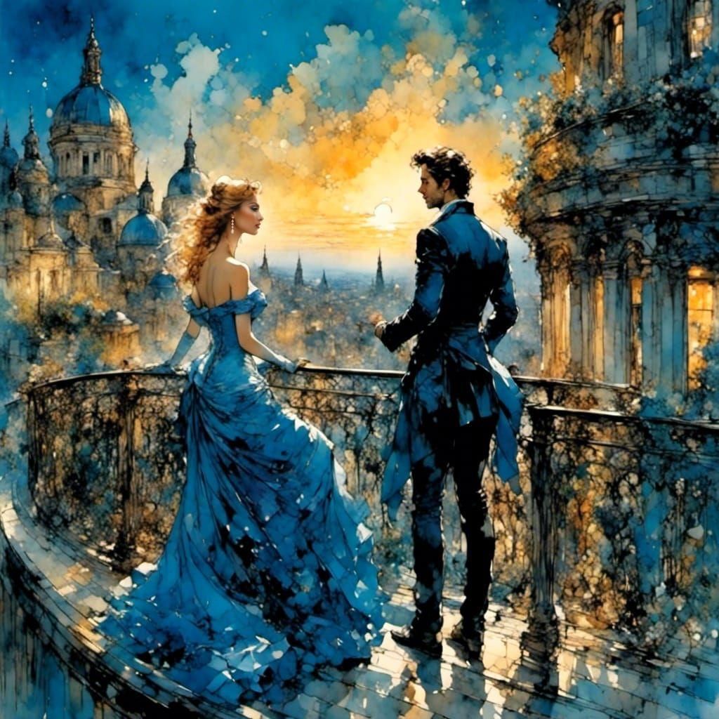 Elegant Couple on Balcony at Twilight