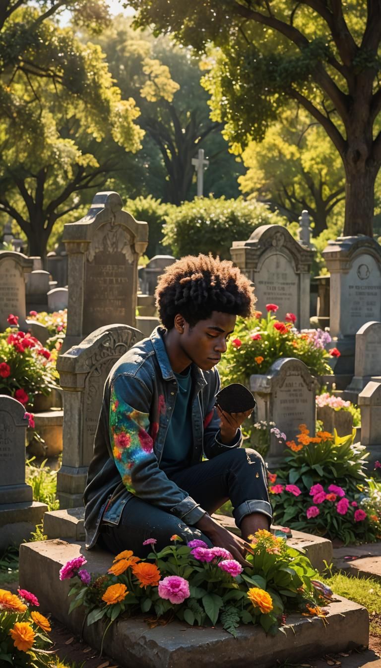 Teenage Boy's Anguish in Lush Cemetery Art