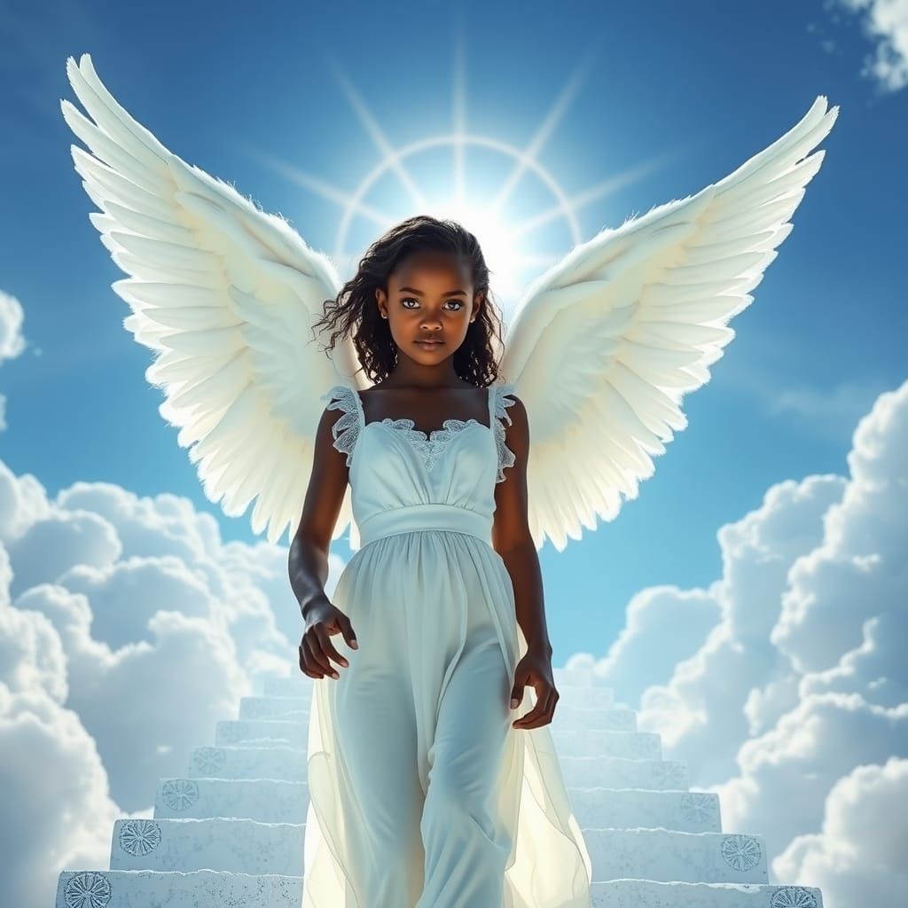 Beautiful Dark-Skinned Angel Descending Cloud Staircase