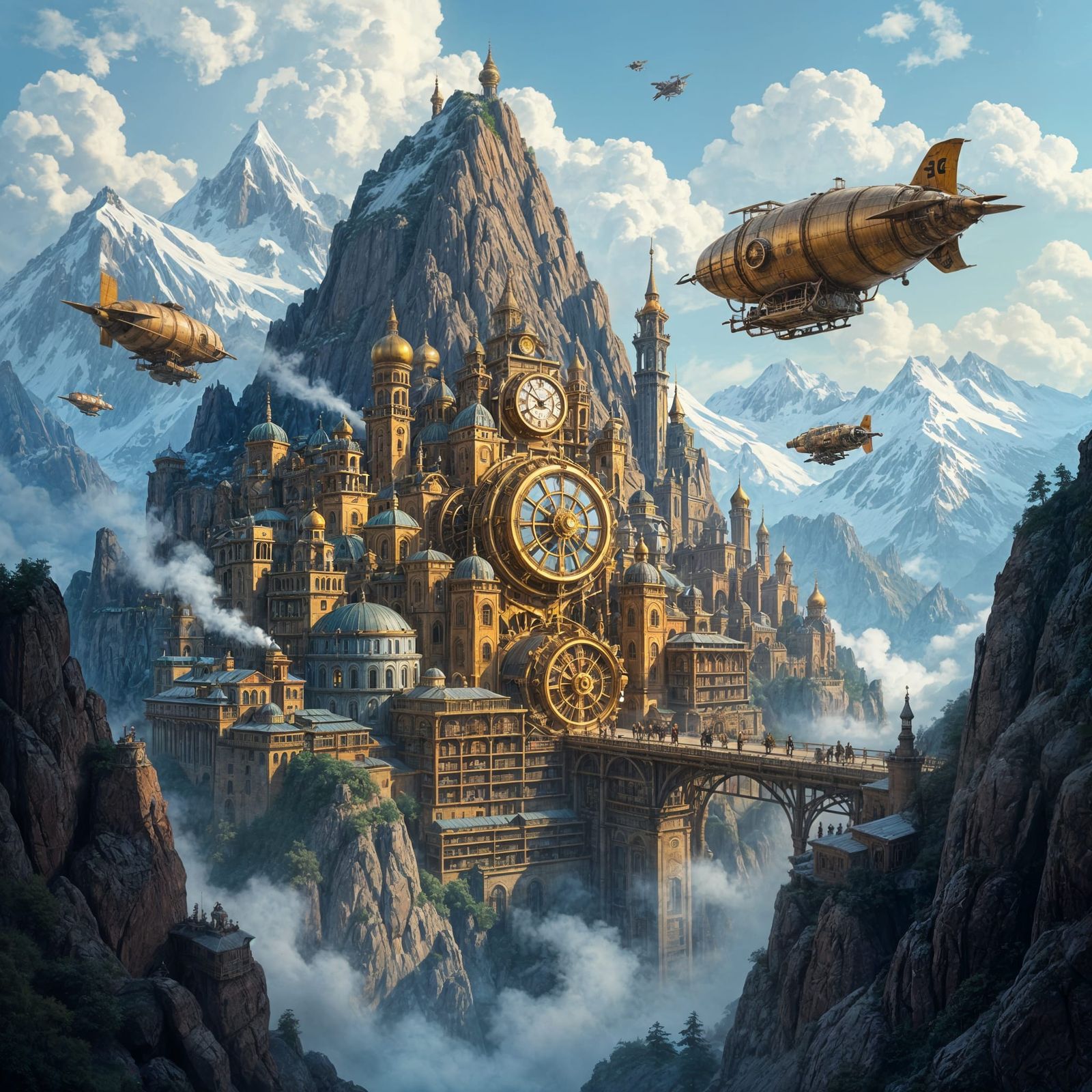 Steampunk Mountain City with Airships & Hidden Library