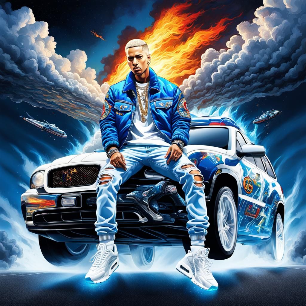 Eminem on a crushed police car