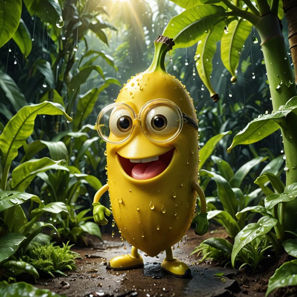 Cute Anthropomorphic Banana with Plants Inside Head