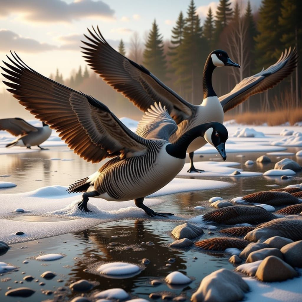 Canada Geese on Frozen Lake at Dawn