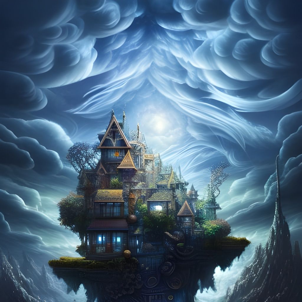 Clockwork Bonsai Village Under Moonlit Sky