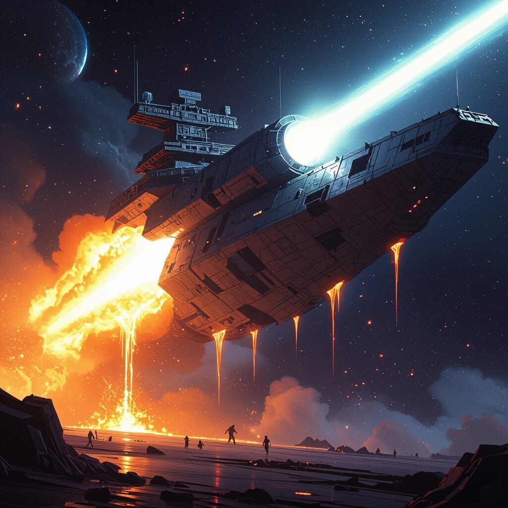 Melting Battleship Fires Wave Motion Gun in Sci-Fi Art