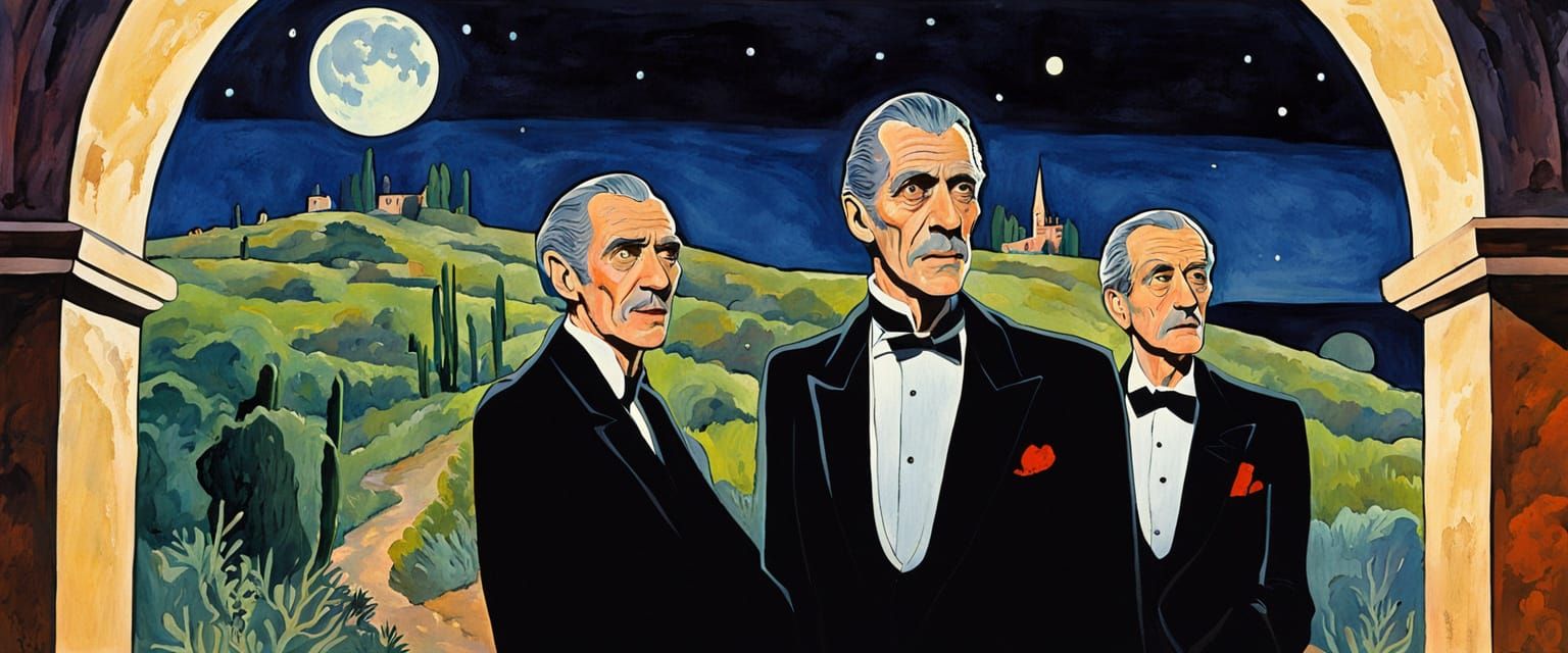 Classic Horror Actors in Moonlit Crypt, Gouache Watercolor