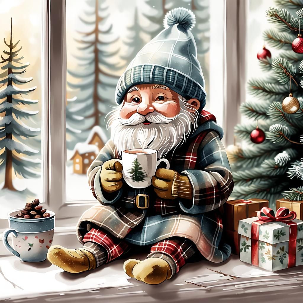 Cozy Gnome by Frosted Window: Watercolour Illustration