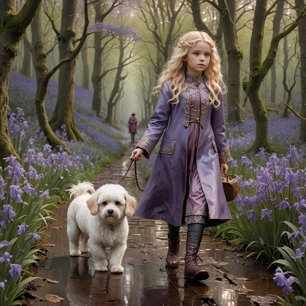 Girl and Puppy in Bluebell Wood, Klimt Style