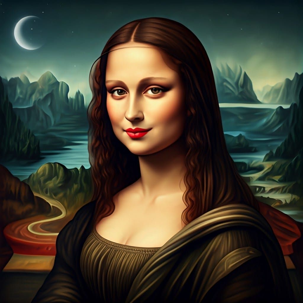 Mona Lisa with Red Lips and Night Lighting