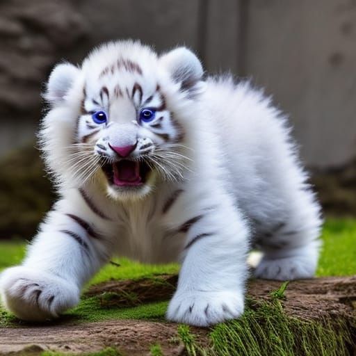 Fluffy White Tiger Cubs Playing: Photorealistic Portrait