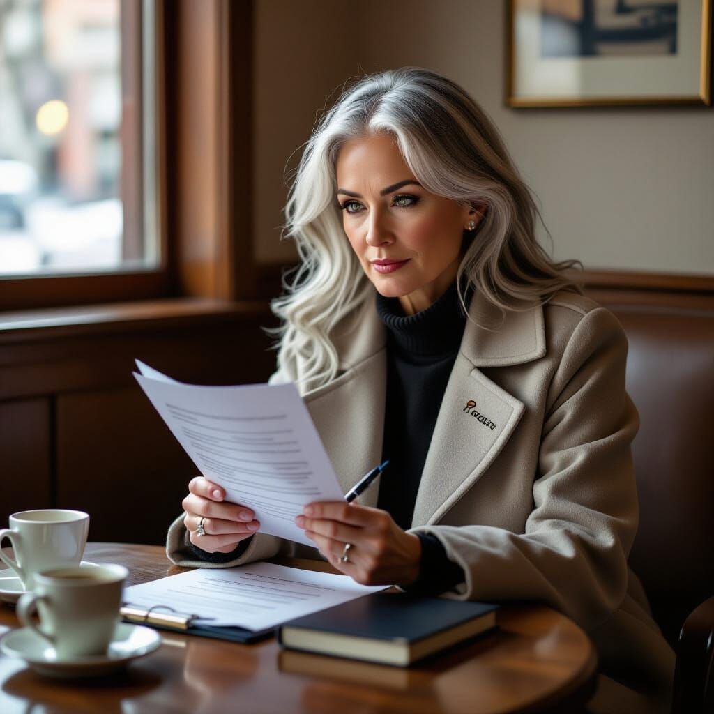 Woman Reading Chart in Doctor's Lounge, Realistic Photograph...