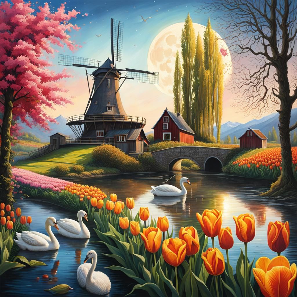 Dutch Windmill and Tulip Field at Night