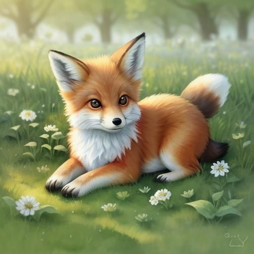 Adorable Baby Fox in Watercolor Meadow