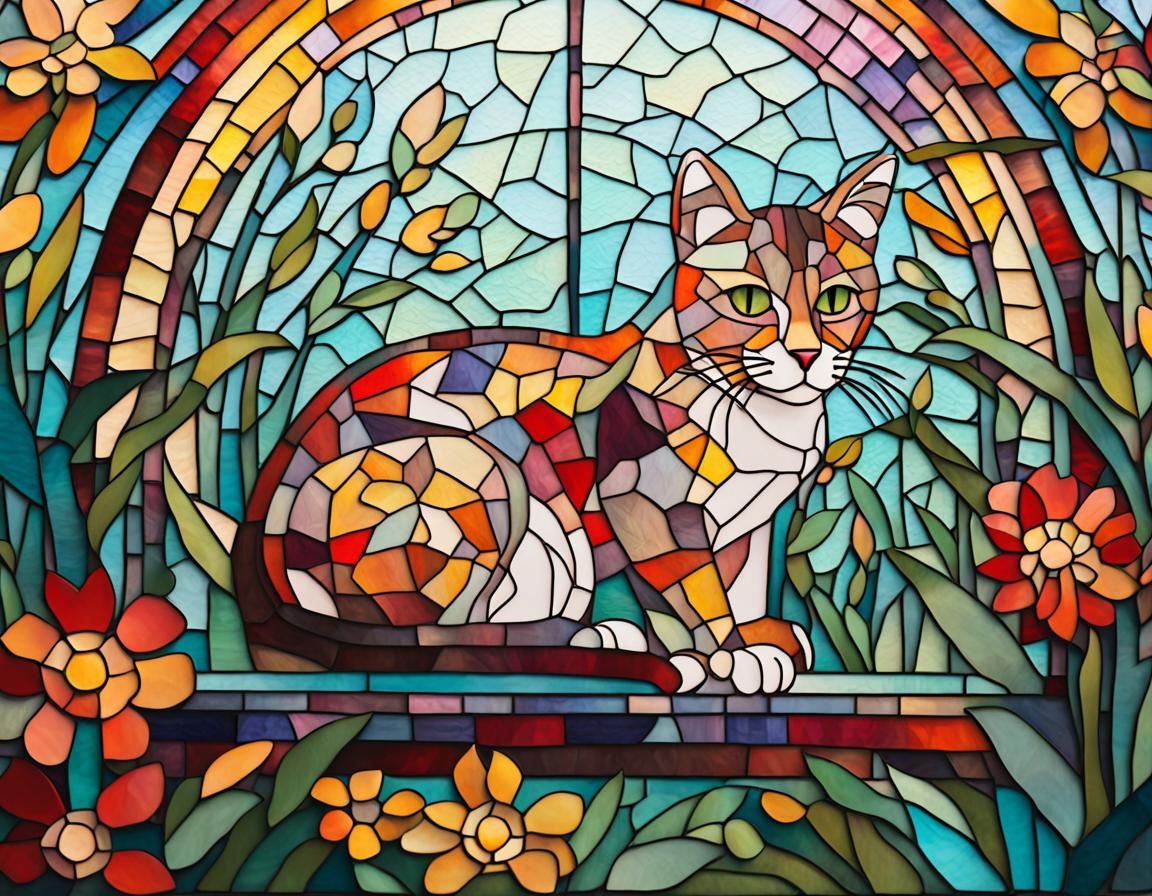 Charming Paper Cutout Cat in Stained Glass Garden