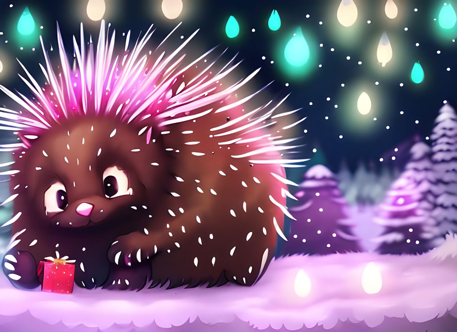 Adorable Christmas Porcupine in a Magical Forest