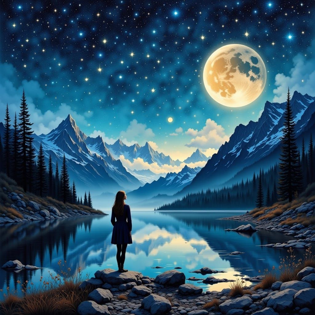 Starry Night Lake: Surreal Impressionist Landscape