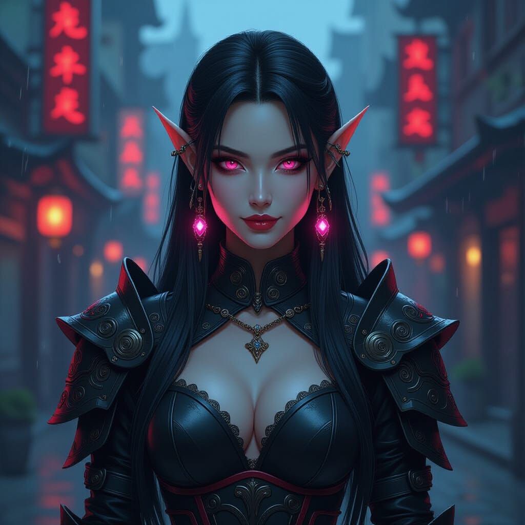 Cyberpunk Elf Mercenary in Neo-Noir City