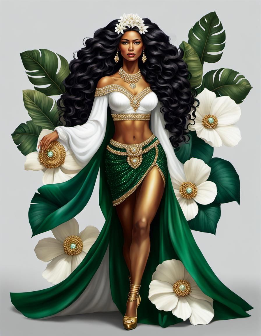 Colombian Woman with Flowers and Emeralds in Hyperrealism