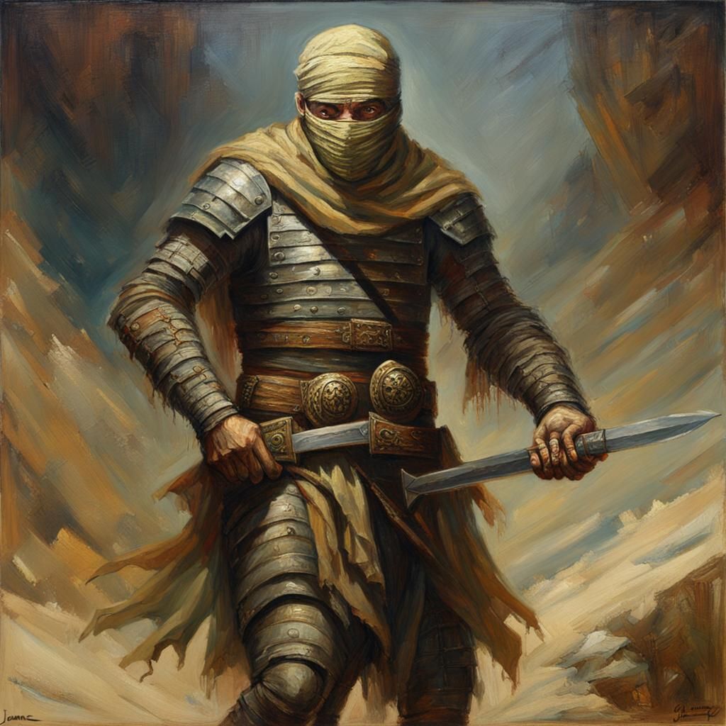 Armored Mummy Mercenary in Dark Fantasy Oil Painting
