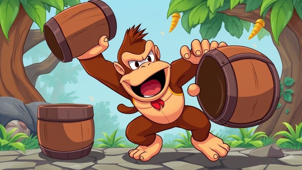 Donkey Kong Throwing Barrels in 2D Cartoon Style