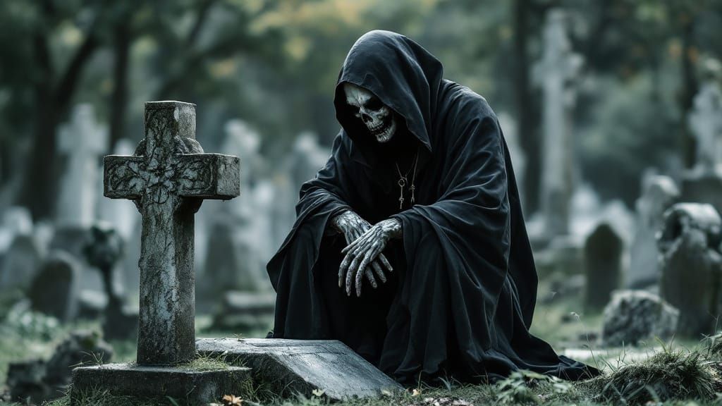 Grim Reaper Comforts Loved Ones in Cemetery