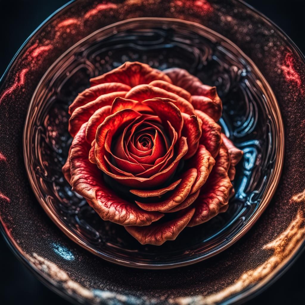 Fantastical Glowing Rose in Bowl: Hyperrealistic Close-up