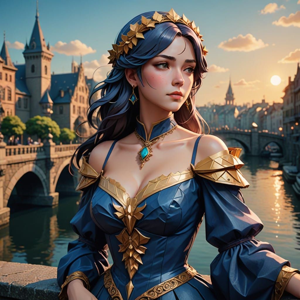 Elegant Princess on Stone Bridge Over Renaissance Harbor