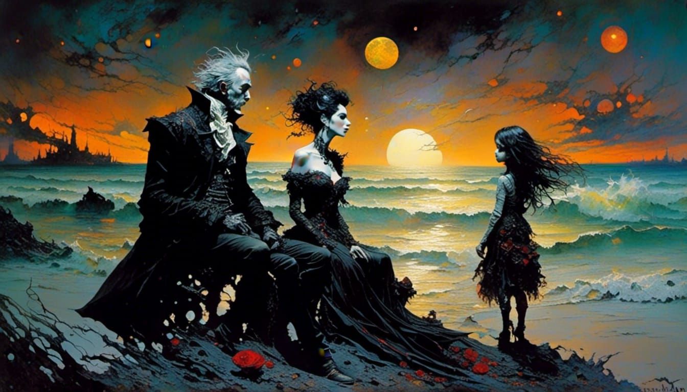 Sunset Seashore Embrace: Impasto Painting of Love