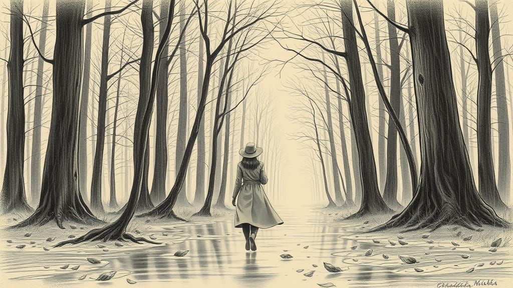 Woman in Stormy Forest: Sepia Pencil Sketch