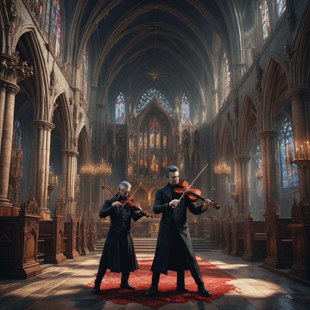 Devil Plays Violin in Gothic Church Painting
