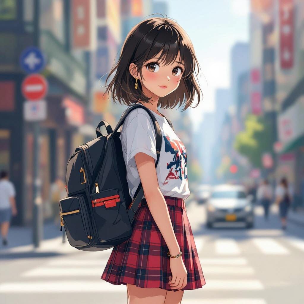 Anime Student Girl on City Street in Vibrant Style