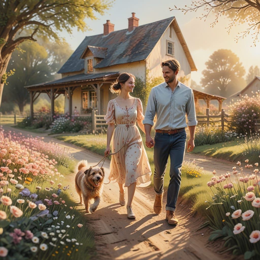Couple Strolls Through a Whimsical Springtime Landscape