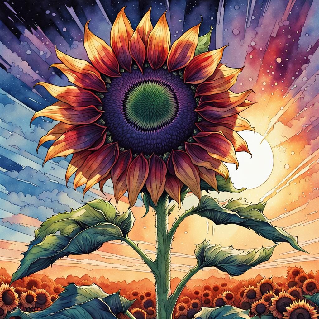 Sunflower Watercolor Comic Book Illustration in Vivid Colors