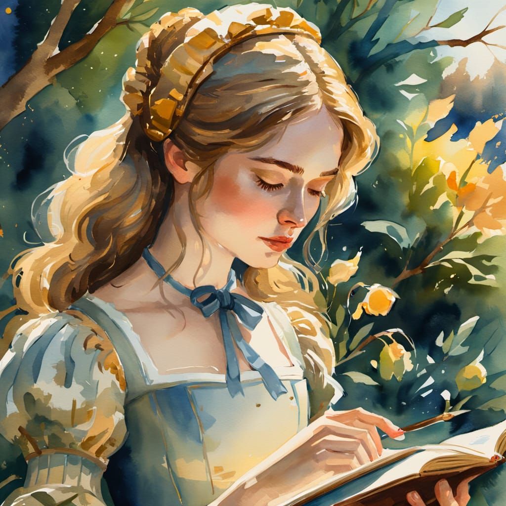 Vibrant 18th Century Garden Scene in Impasto Watercolor Styl...